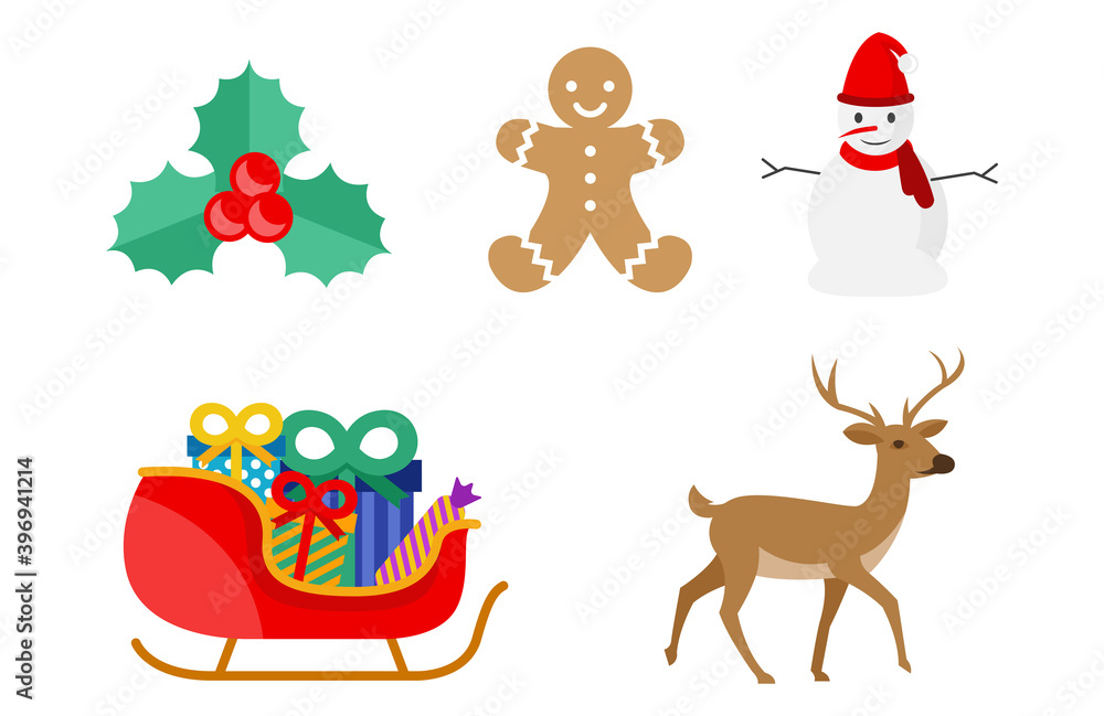 Various characters in celebration of Christmas day. Snowman, reindeer and others