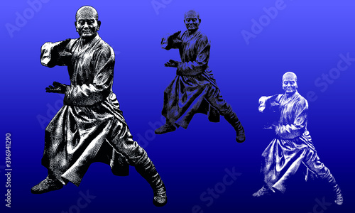 Ancient Shoalin monk warrior statues in a woodcut style, contains highlight and shadow versions