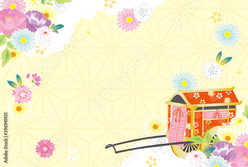牛車と和柄の花　背景イラスト