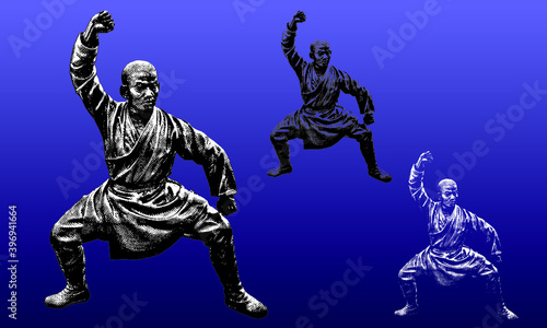 Ancient Shoalin monk warrior statues in a woodcut style, contains highlight and shadow versions