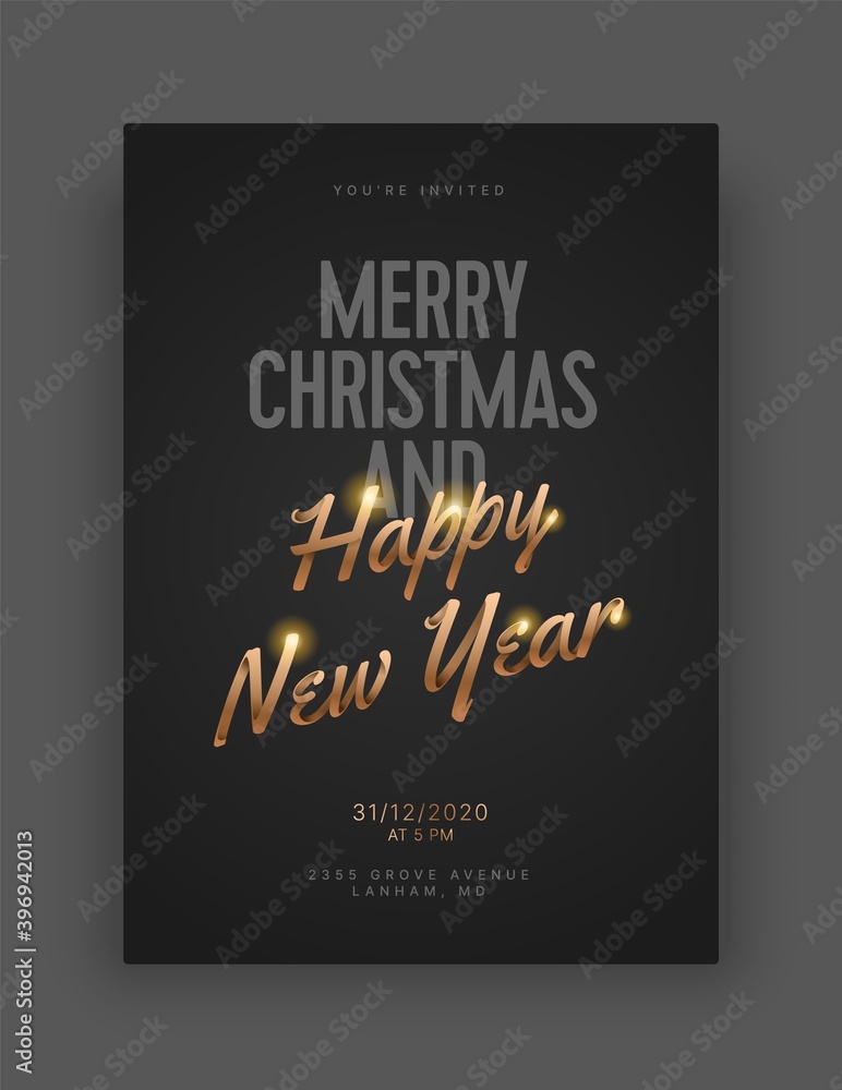 Happy New Year and Merry Christmas layout template. Vector illustration with gold lettering for flyer, banner and invitation card.