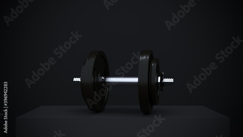 3d rendering, Heavy black professional dumbbell for fitness and bodybuilding on black background