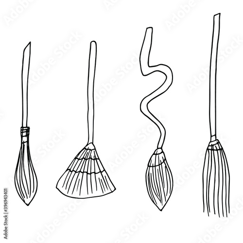 Broomstick doodle set. Witch equipment for magical flight. Cleaning instrument for housekeeping. Vector clip art isolated on white.