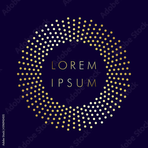 Golden sparkling ring with dust glitter on dark background. Decorative glowing shiny design. Discount sign with empty center. Letter O logotype or zero label. First place gold medal, metallic element.