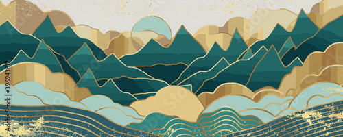 Gold mountain wallpaper design with landscape line arts, Golden luxury background design for cover, invitation background, packaging design, wall arts, fabric, and print. Vector illustration.