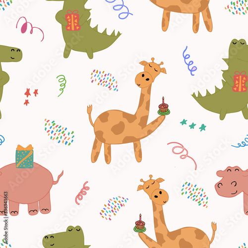 Seamless pattern with crocodile  giraffe and hippopotamus. Creative children s texture. Great for fabric  textile vector illustratio