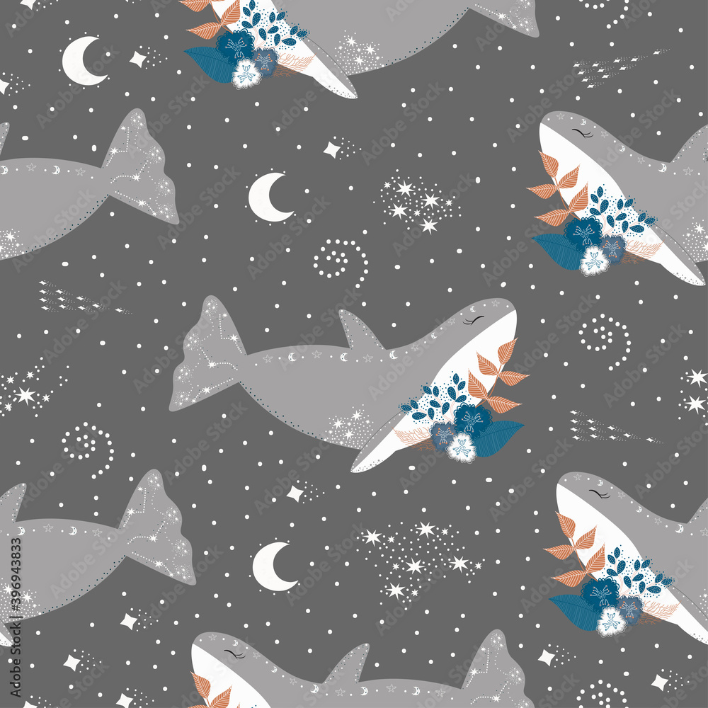 Dolphins in the cosmic sky with stars on a gray background, vector illustration seamless pattern