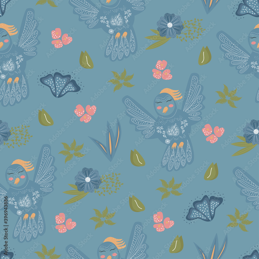 Blue birds, floral seamless pattern.blue cartoon birds on a blue background Vector illustration.