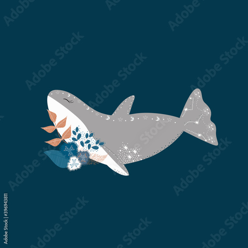 Vector illustration of a Dolphin. Cartoon Dolphin in flowers and stars