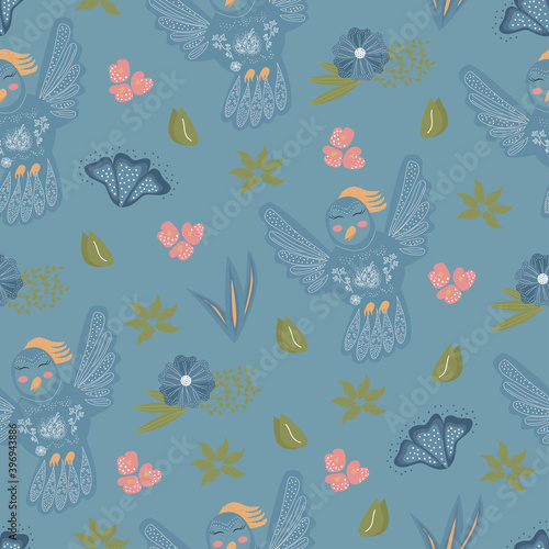 Blue birds  floral seamless pattern.blue cartoon birds on a blue background Vector illustration.