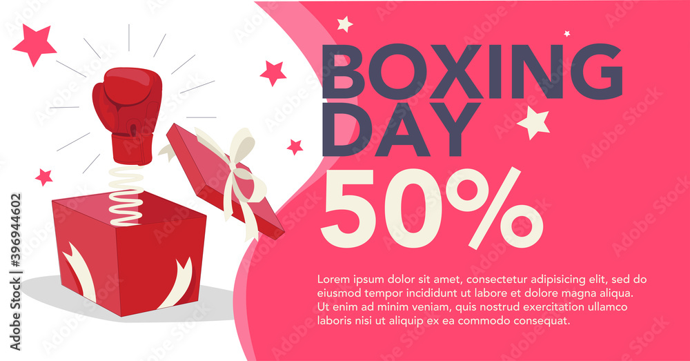 Sales banner at boxing day. Boxing glove coming out of gift box Sales banner at boxing day. Boxing glove coming out of gift box