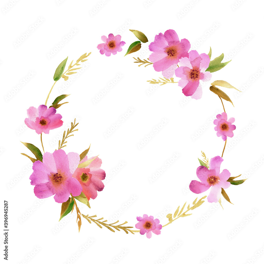 Circle frame with pink watercolor flowers. For design of invitations, greeting cards