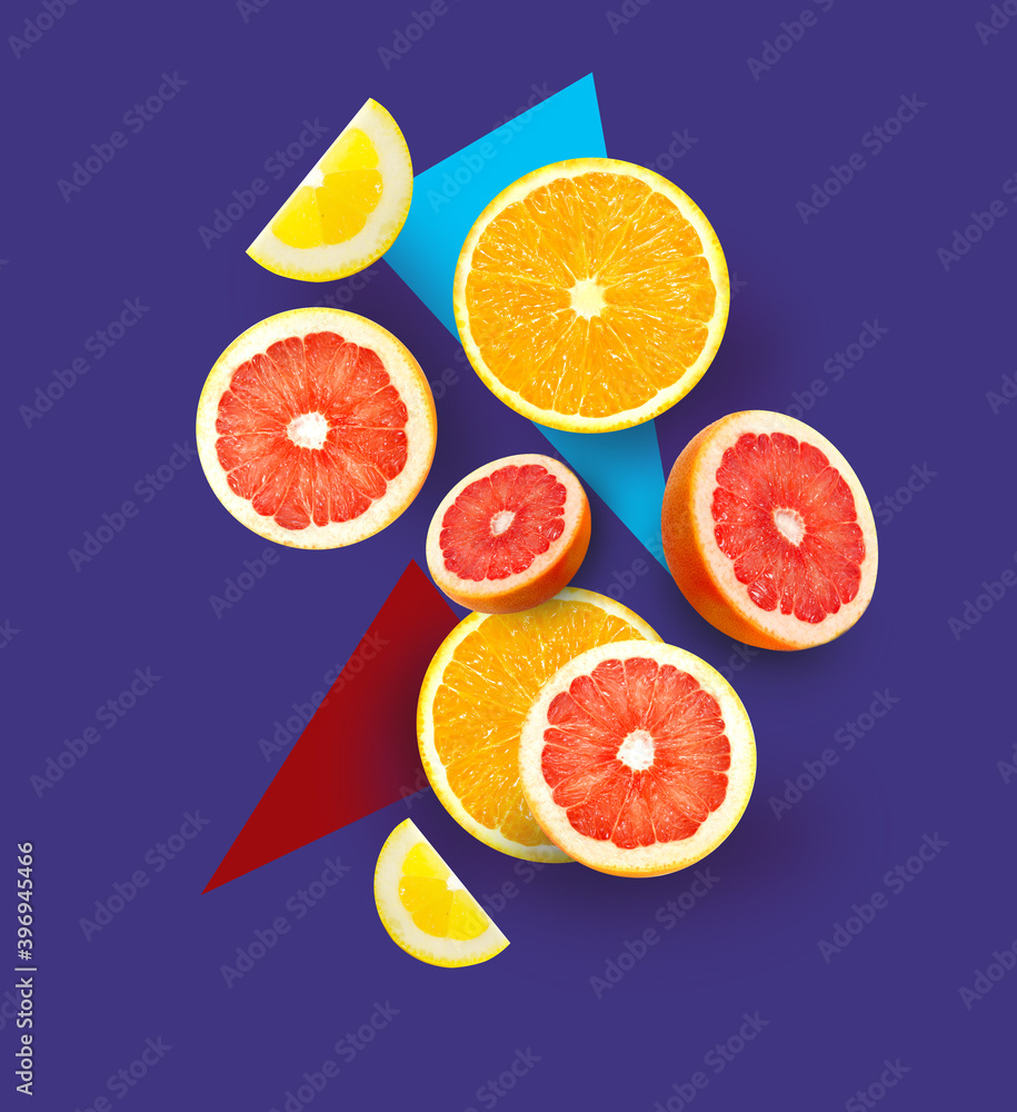 Photo macro set of bright fruits oranges and grapefruit Photo macro set of bright fruits oranges and grapefruit