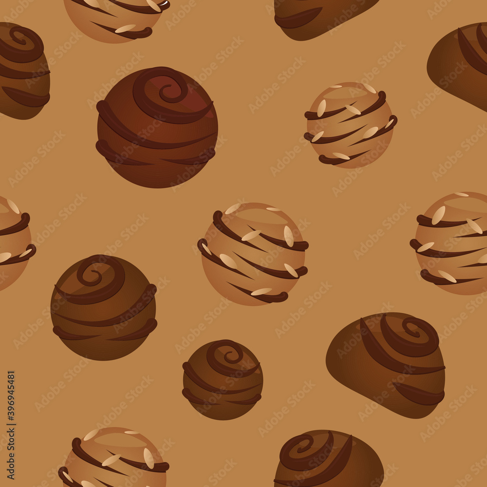 chocolate candies, vector seamless pattern on beige background, sweets chocolate candies, vector seamless pattern on beige background, sweets