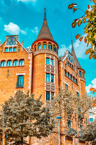 Canvas Print Сasa Serra (Building with spires) in centre of  Barcelona, Catalunia, Spain