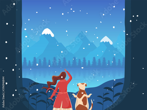 Back View Of Woman Character With Dog Standing On Blue Winter Landscape River Background.