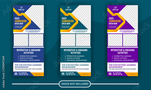 Rollup banner design with simple shapes for minimalistic company promotion. Back to school admission roll up a banner template or DL flyer