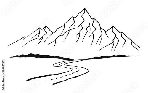 Road to mountains. Landscape black on white background. Hand drawn rocky peaks in sketch style. Vector illustration