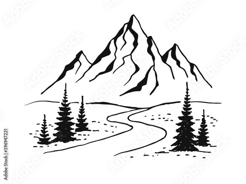 Mountains road. Landscape black on white background. Hand drawn rocky peaks in sketch style. Vector illustration