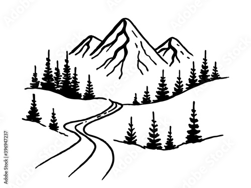 Mountains road. Landscape black on white background. Hand drawn rocky peaks in sketch style. Vector illustration