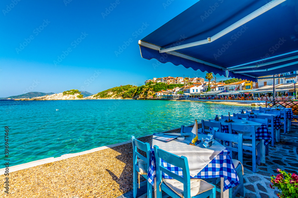 Kokkari Village coastal view in Samos Island of Greece.