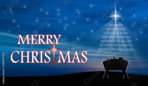 Slika na platnu Christmas nativity scene of baby Jesus in the manger with scriptures in christma