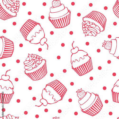 Seamless pattern with cupcake. Hand drawn sweets doodle. Vector illustration. Perfect for greetings, invitations, manufacture wrapping paper, textile and web design