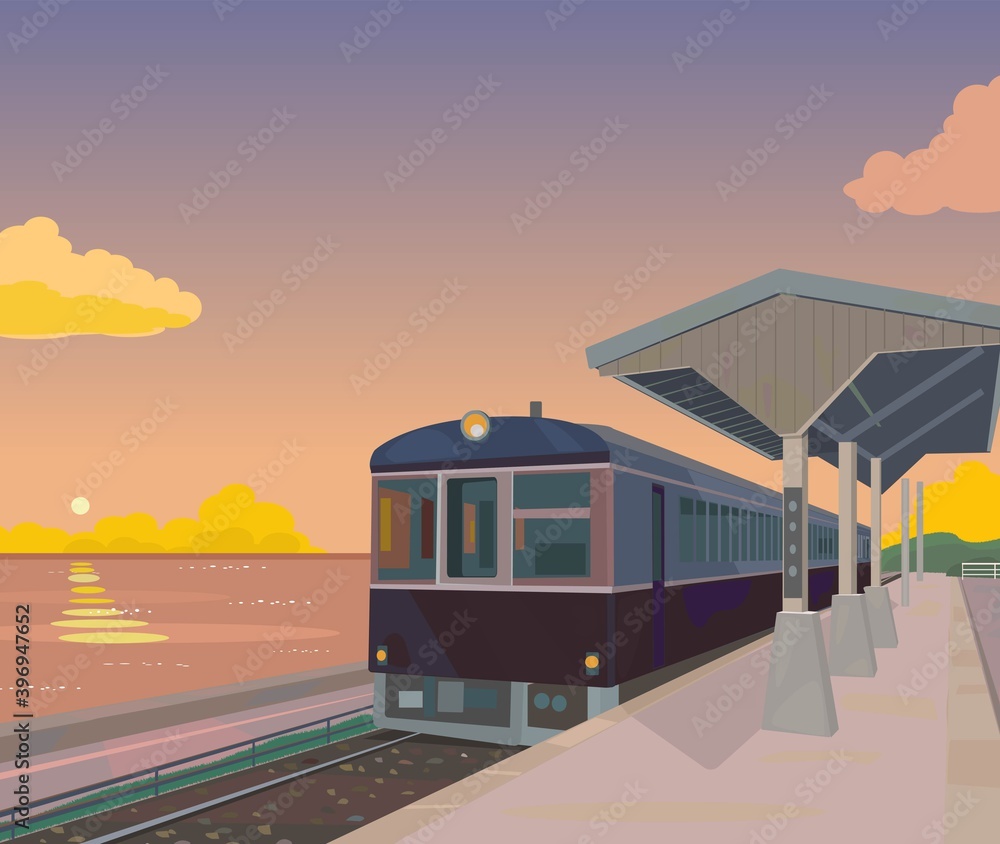 夕日　海の見える駅