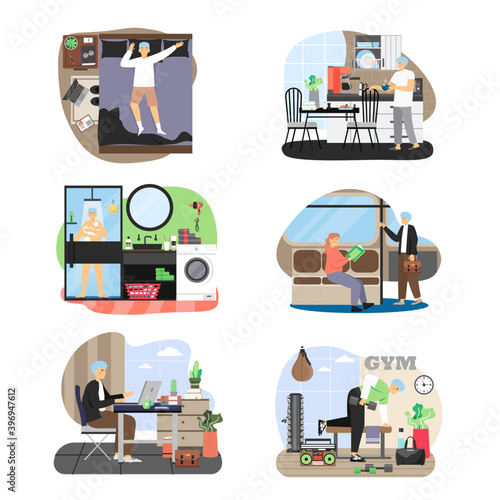 Man daily life set, flat vector illustration. Daily morning routine, everyday activities, healthy lifestyle.
