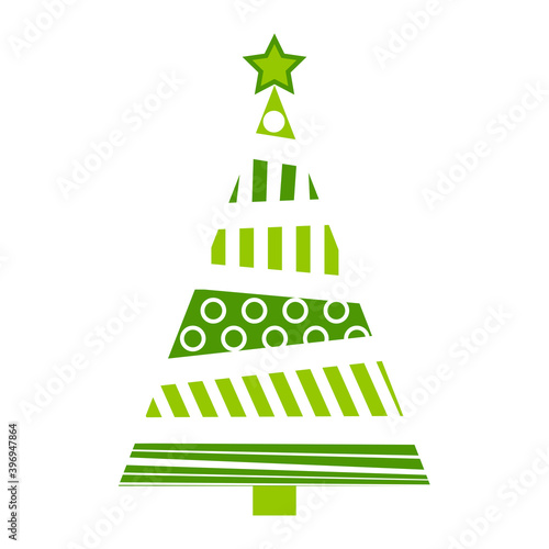 Christmas tree abstract illustration. Green fir tree for xmas made from bars and circles. Simple holiday symbol with geometrical shapes. Vector icon isolated on white background.