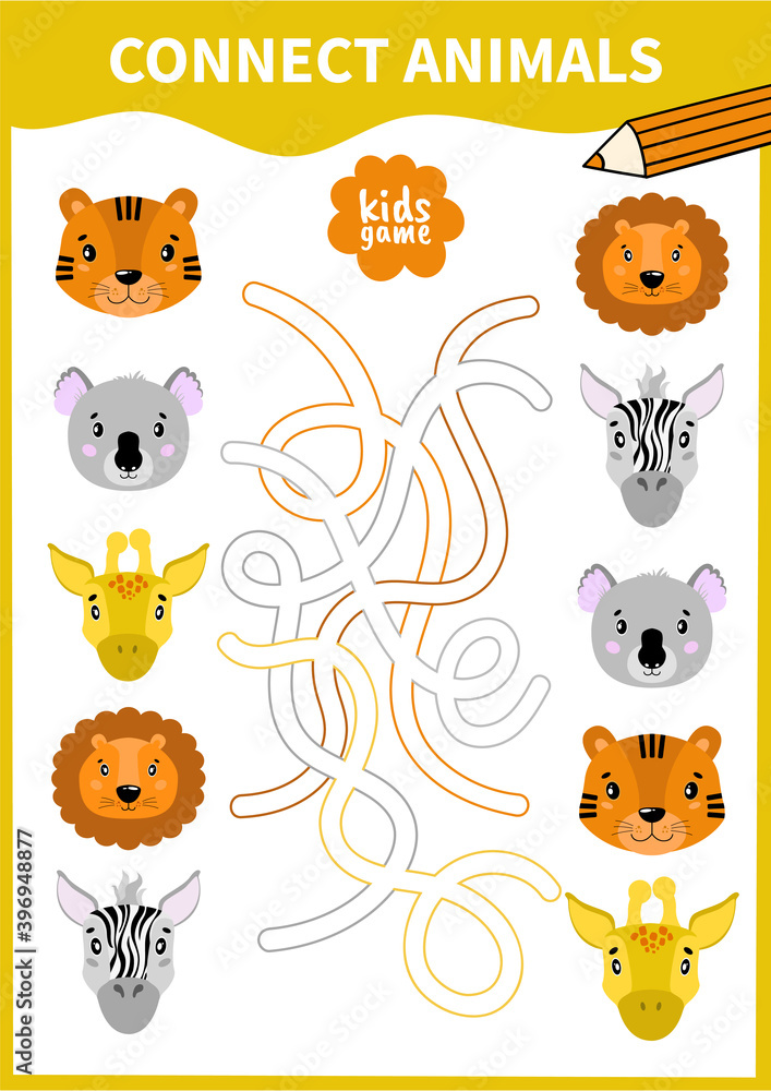 Children board game for preschoolers and primary school students worksheets.Page for kids educational book.Cute head portrait animal. Children board game for preschoolers and primary school students worksheets.Page for kids educational book.Cute head portrait animal.