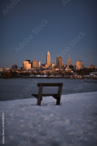 Cleveland Ohio Skyline at sunset from edgewater park in winter