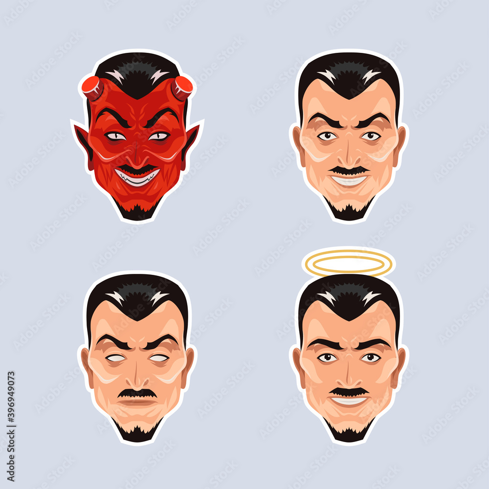 Good and evil in one person. One face with different emotions. A set of different emotional decisions. Laughing face with different looks. Evil and Good Face. Villain in the guise. Vector illustration Good and evil in one person. One face with different emotions. A set of different emotional decisions. Laughing face with different looks. Evil and Good Face. Villain in the guise. Vector illustration