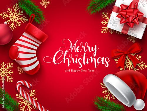 Christmas vector banner background design. Merry christmas typography text in red empty space for messages with gift, sock, snowflakes and leaves for xmas greeting invitation card. Vector illustration