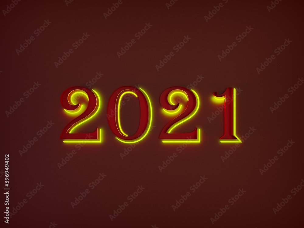 2021 neon text sign light billboard, night time. Glowing red neon new year design board 3D letters on stone texture wall background., 3d Rendering 2021 neon text sign light billboard, night time. Glowing red neon new year design board 3D letters on stone texture wall background., 3d Rendering