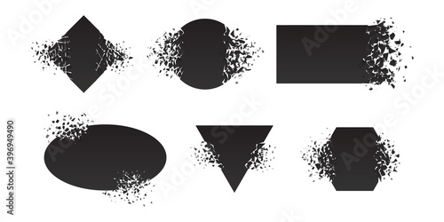 Shape shattered and explodes flat style design vector illustration set isolated on white background. Square rhombus, triangle, rectangle, hexagon, ellipse shapes in grayscale gradient explosion.