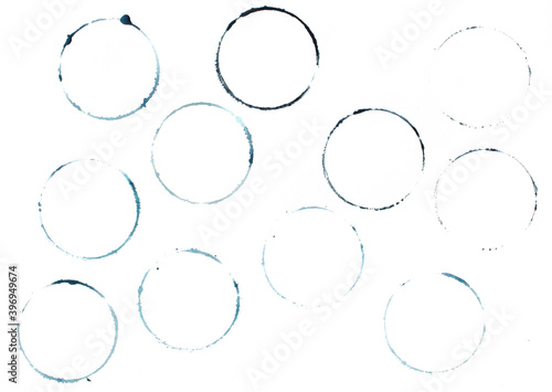 blue shapes of Wine circle and Coffee ring stains. Wine glass marks or coffee cup round stains and dirty splashes and spots isolated. Hand drawn tea or ink ring stains on white background
