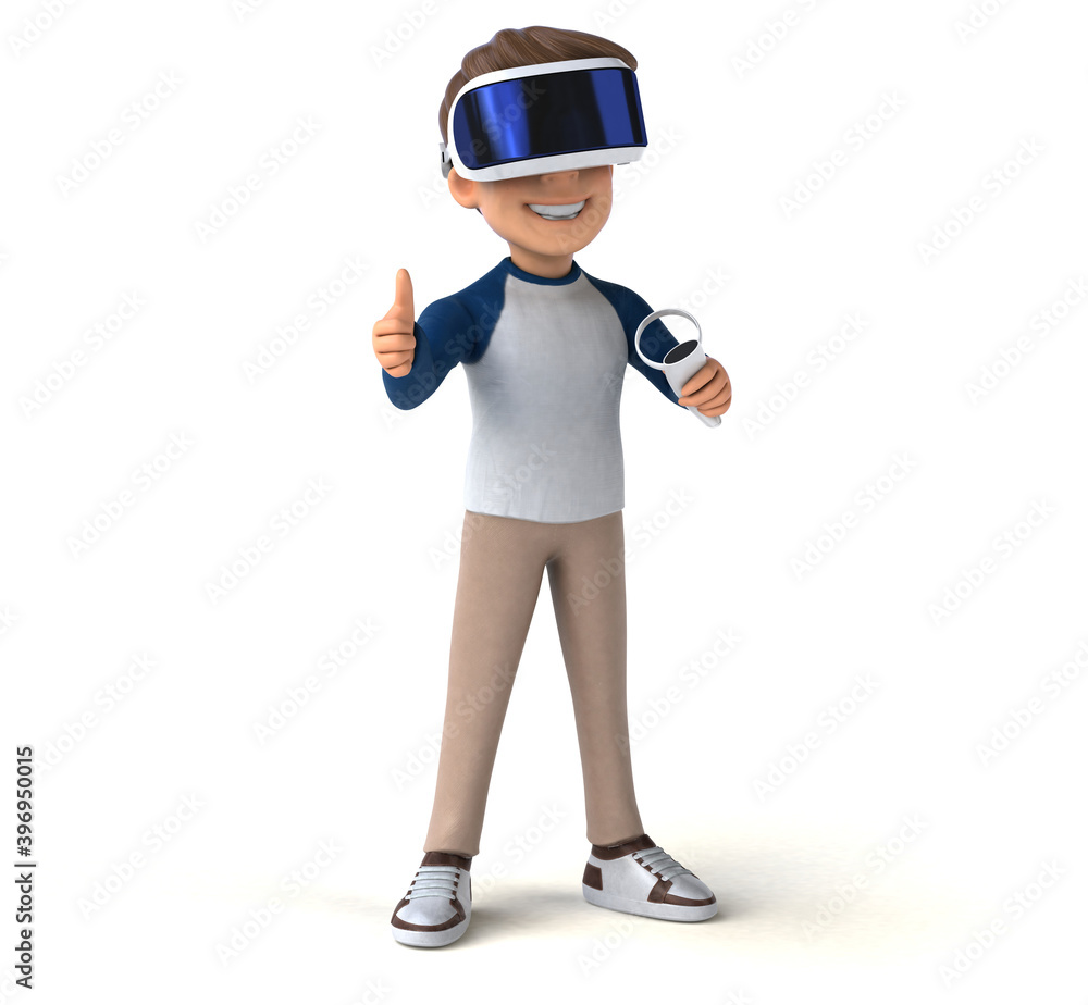 Fun 3D illustration of a cartoon kid with a VR helmet Fun 3D illustration of a cartoon kid with a VR helmet