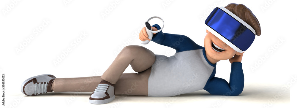 Fun 3D illustration of a cartoon kid with a VR helmet Fun 3D illustration of a cartoon kid with a VR helmet