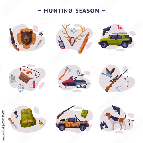 Hunting Season, Hunter Attributes, Tackles and Equipment Set Flat Vector Illustration
