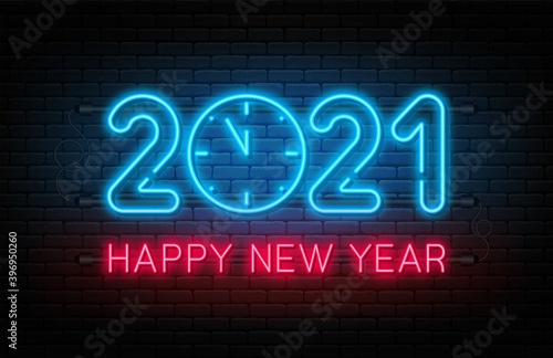 Happy New Year 2021. New Year and Christmas decoration, neon signboard with glowing text and clock. Neon light effect for background, banner, poster and greeting card