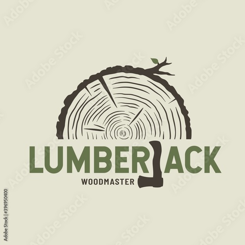 Colored emblem of lumber wood with axe lumberjack for camping, carpentry or woodworking design