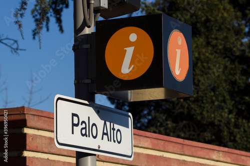 The Palo Alto sign seen at the Palo Alto Station. Palo Alto station is an intermodal transit center in Palo Alto, California.  photo