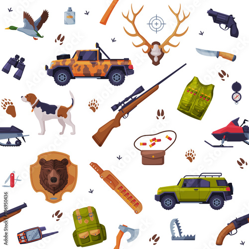 Hunter Attributes Seamless Pattern, Hunting Season Tackles, Textile, Wallpaper, Wrapping Paper, Background Design Flat Vector Illustration
