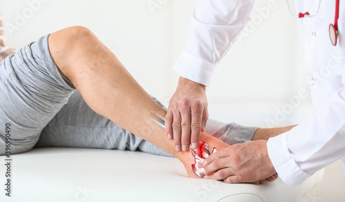 Doctor examining man with broken leg in clinic