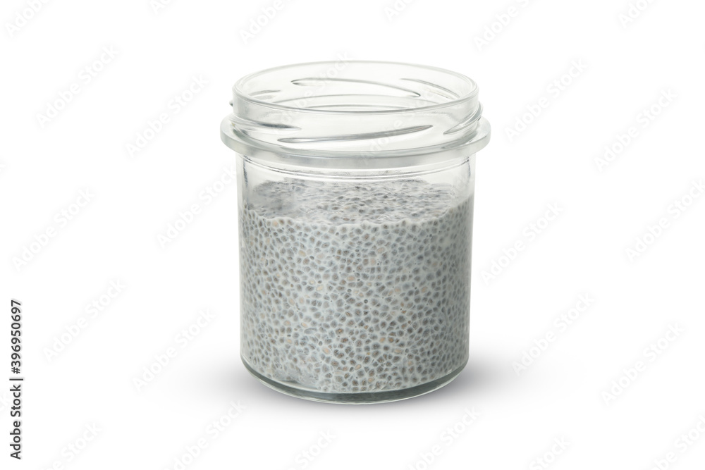 Jar of chia pudding isolated on white background Jar of chia pudding isolated on white background