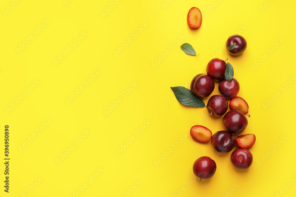 Fresh ripe plums on color background Fresh ripe plums on color background