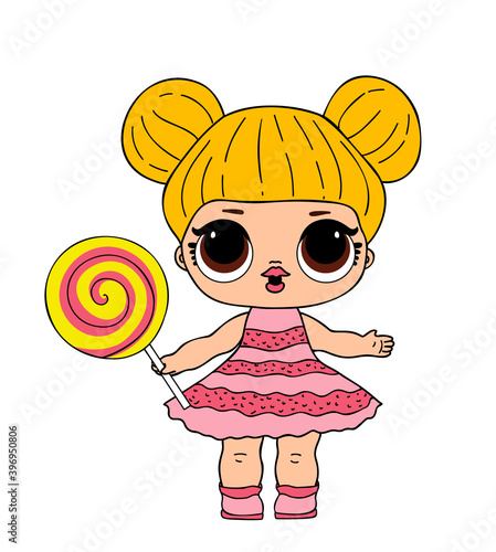 Lol doll with big eyes in pink dress with lolly pop. Vector l.o.l toy picture
