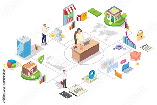Franchise business isometric flowchart, flat vector illustration. Chain store development, retail chain, branch network, franchising.