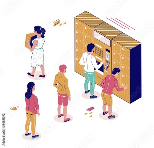 Isometric postal terminal and people standing in line to automated lockers, flat vector illustration. Self service parcel terminal machine, automatic storage chamber.